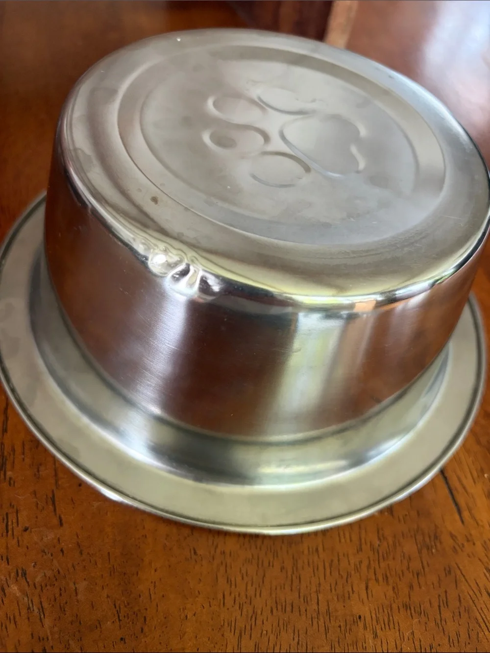 Double Stainless Steel Paw Bowls in Wooden Stand - Silver and Brown